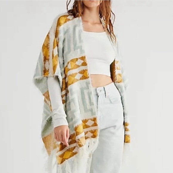 Free People Diamondback Kimono Ivory, Yellow, Brown, Blue - Picture 9 of 9